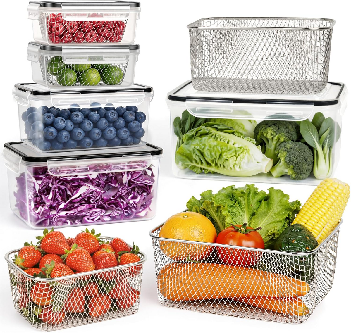 5-Pack Refrigerator Storage Organizer Bins, Stackable Food Containers with Removable Drain Colanders, BPA-Free Fresh-Keeping Containers for Fruits, Vegetables & Meat