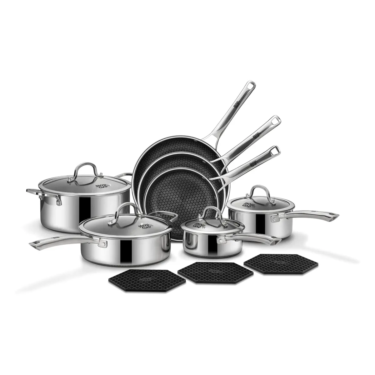 10-Piece & 14-Piece Nonstick Stainless Steel Cookware Set, Hybrid Pots and Pans with Tempered Glass Lids, Oven & Dishwasher Safe, Induction Compatible