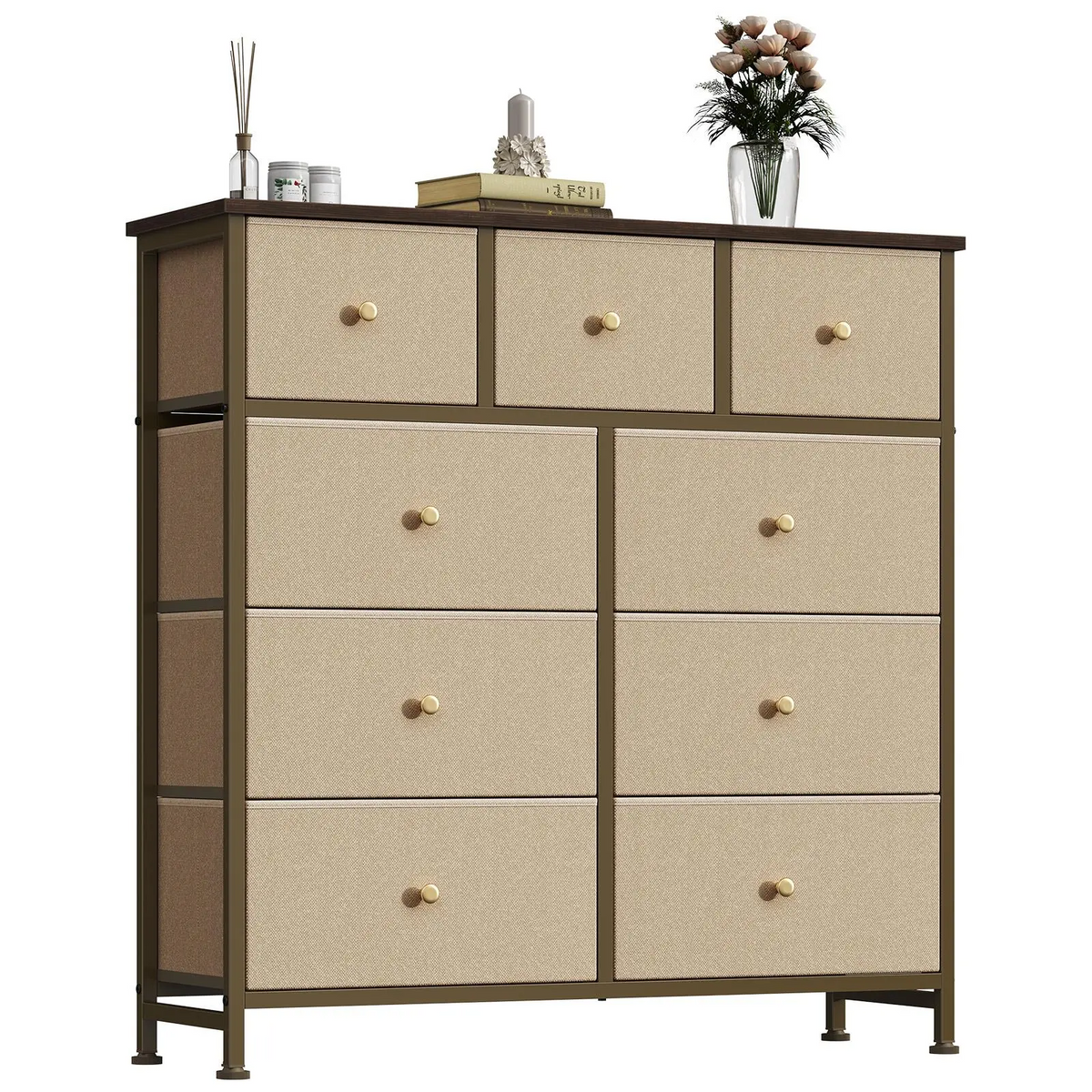 9 Drawer Storage Tower with Fabric Bins, Sturdy Metal Frame Dresser Organizer for Bedroom, Closet, and Home