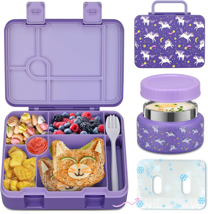 Kids Bento Lunch Box Set – 5 Compartment Leak-Proof Food Container with 12oz Soup Thermos & Insulated School Lunch Bag