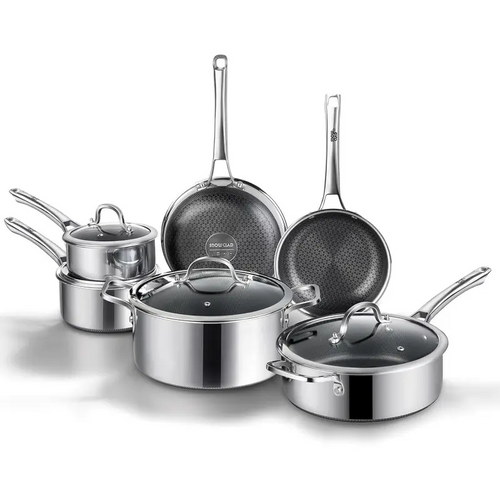 10-Piece & 14-Piece Nonstick Stainless Steel Cookware Set, Hybrid Pots and Pans with Tempered Glass Lids, Oven & Dishwasher Safe, Induction Compatible