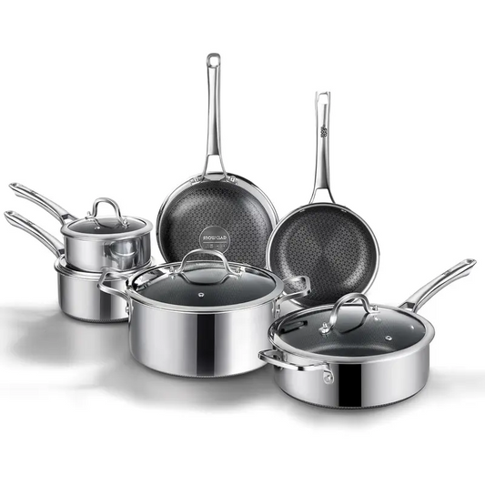 10-Piece & 14-Piece Nonstick Stainless Steel Cookware Set, Hybrid Pots and Pans with Tempered Glass Lids, Oven & Dishwasher Safe, Induction Compatible