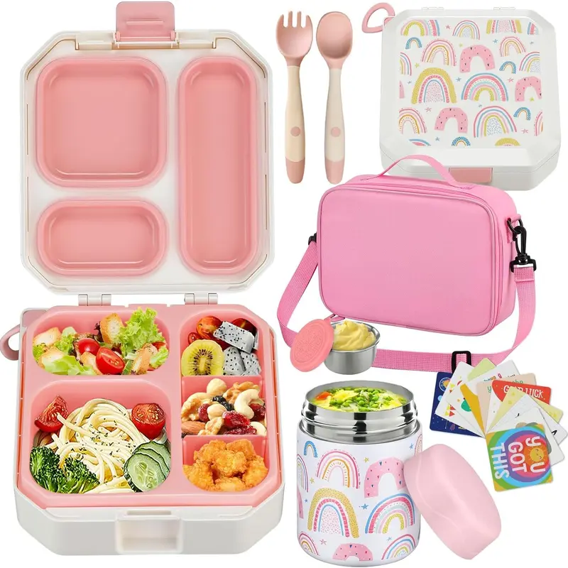 Kids Bento Lunch Box Set – 5 Compartment Leak-Proof Food Container with 12oz Soup Thermos & Insulated School Lunch Bag