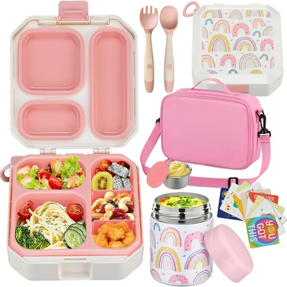 Kids Bento Lunch Box Set – 5 Compartment Leak-Proof Food Container with 12oz Soup Thermos & Insulated School Lunch Bag