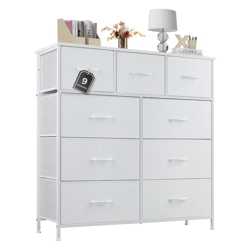 9 Drawer Storage Tower with Fabric Bins, Sturdy Metal Frame Dresser Organizer for Bedroom, Closet, and Home