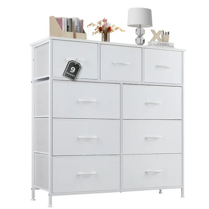 9 Drawer Storage Tower with Fabric Bins, Sturdy Metal Frame Dresser Organizer for Bedroom, Closet, and Home