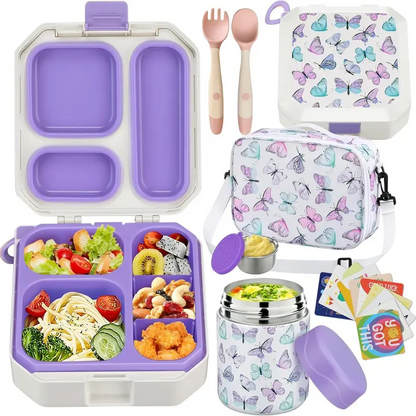 Kids Bento Lunch Box Set – 5 Compartment Leak-Proof Food Container with 12oz Soup Thermos & Insulated School Lunch Bag