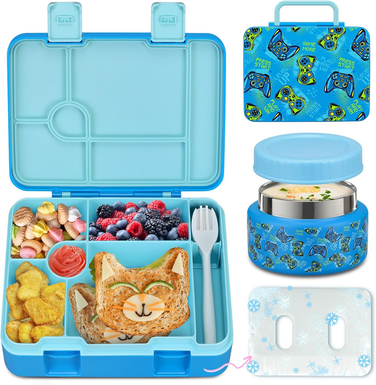 Kids Bento Lunch Box Set – 5 Compartment Leak-Proof Food Container with 12oz Soup Thermos & Insulated School Lunch Bag