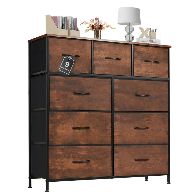 9 Drawer Storage Tower with Fabric Bins, Sturdy Metal Frame Dresser Organizer for Bedroom, Closet, and Home