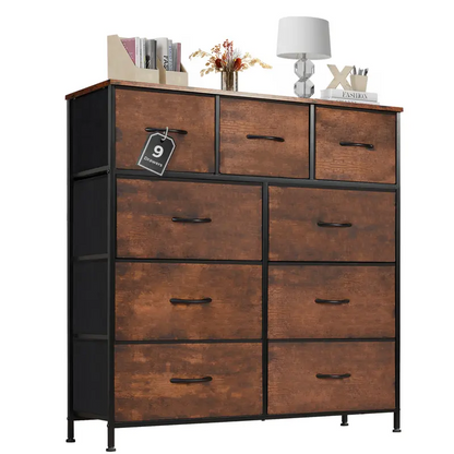 9 Drawer Storage Tower with Fabric Bins, Sturdy Metal Frame Dresser Organizer for Bedroom, Closet, and Home