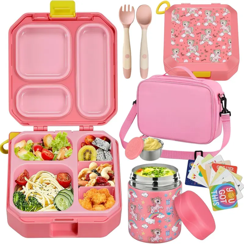 Kids Bento Lunch Box Set – 5 Compartment Leak-Proof Food Container with 12oz Soup Thermos & Insulated School Lunch Bag