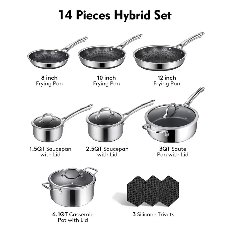 10-Piece & 14-Piece Nonstick Stainless Steel Cookware Set, Hybrid Pots and Pans with Tempered Glass Lids, Oven & Dishwasher Safe, Induction Compatible