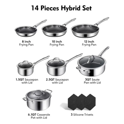 10-Piece & 14-Piece Nonstick Stainless Steel Cookware Set, Hybrid Pots and Pans with Tempered Glass Lids, Oven & Dishwasher Safe, Induction Compatible