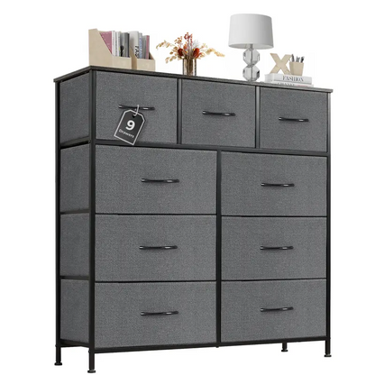 9 Drawer Storage Tower with Fabric Bins, Sturdy Metal Frame Dresser Organizer for Bedroom, Closet, and Home