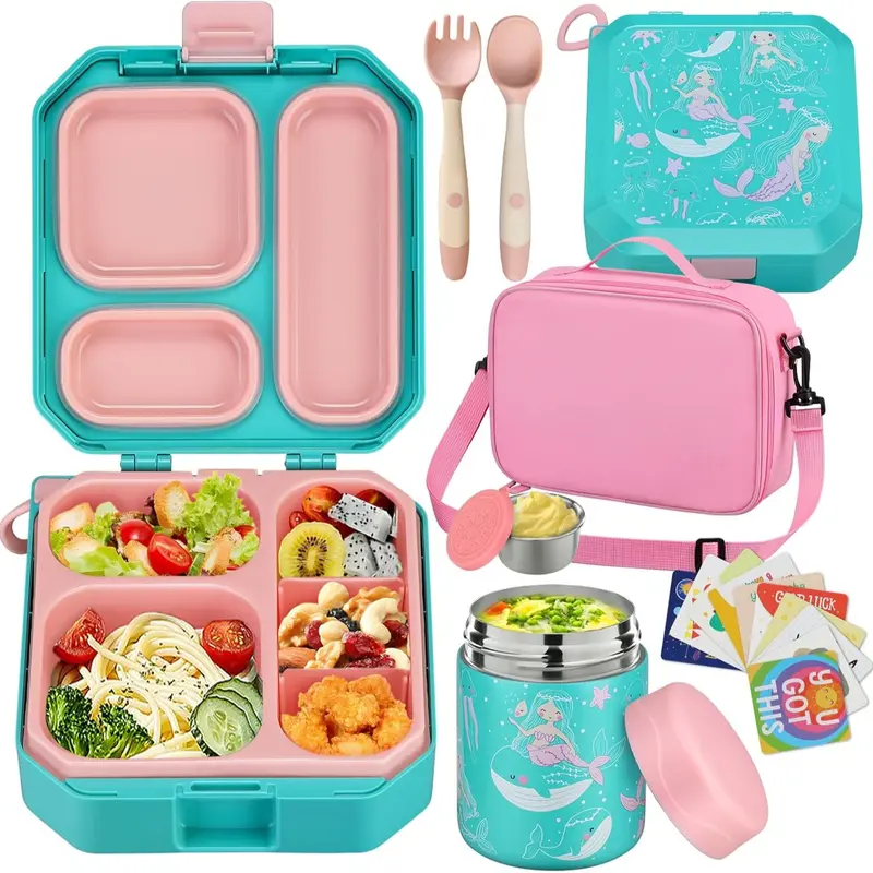 Kids Bento Lunch Box Set – 5 Compartment Leak-Proof Food Container with 12oz Soup Thermos & Insulated School Lunch Bag