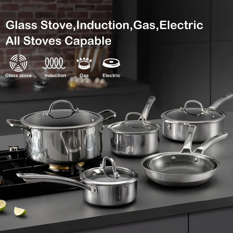 10-Piece & 14-Piece Nonstick Stainless Steel Cookware Set, Hybrid Pots and Pans with Tempered Glass Lids, Oven & Dishwasher Safe, Induction Compatible