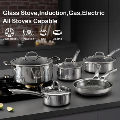 10-Piece & 14-Piece Nonstick Stainless Steel Cookware Set, Hybrid Pots and Pans with Tempered Glass Lids, Oven & Dishwasher Safe, Induction Compatible