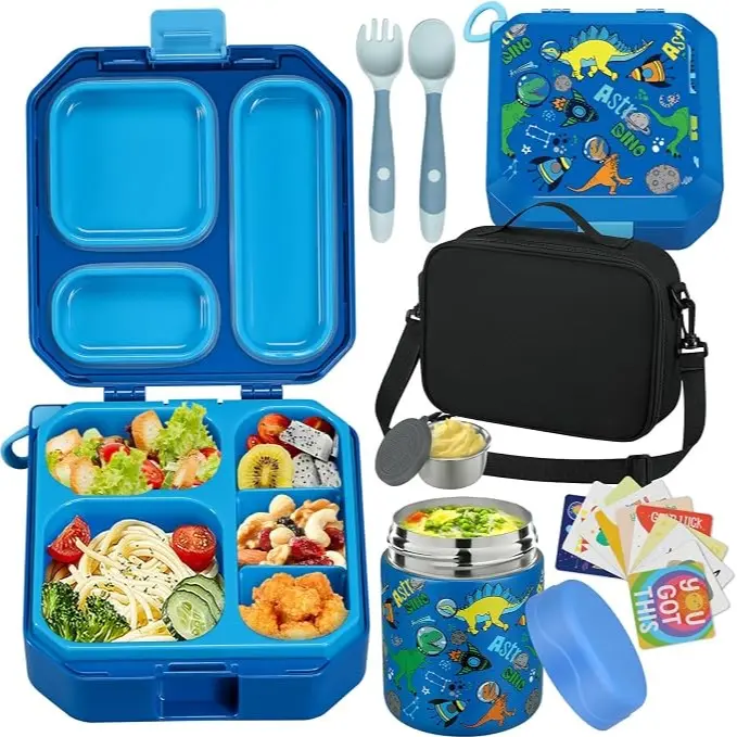 Kids Bento Lunch Box Set – 5 Compartment Leak-Proof Food Container with 12oz Soup Thermos & Insulated School Lunch Bag
