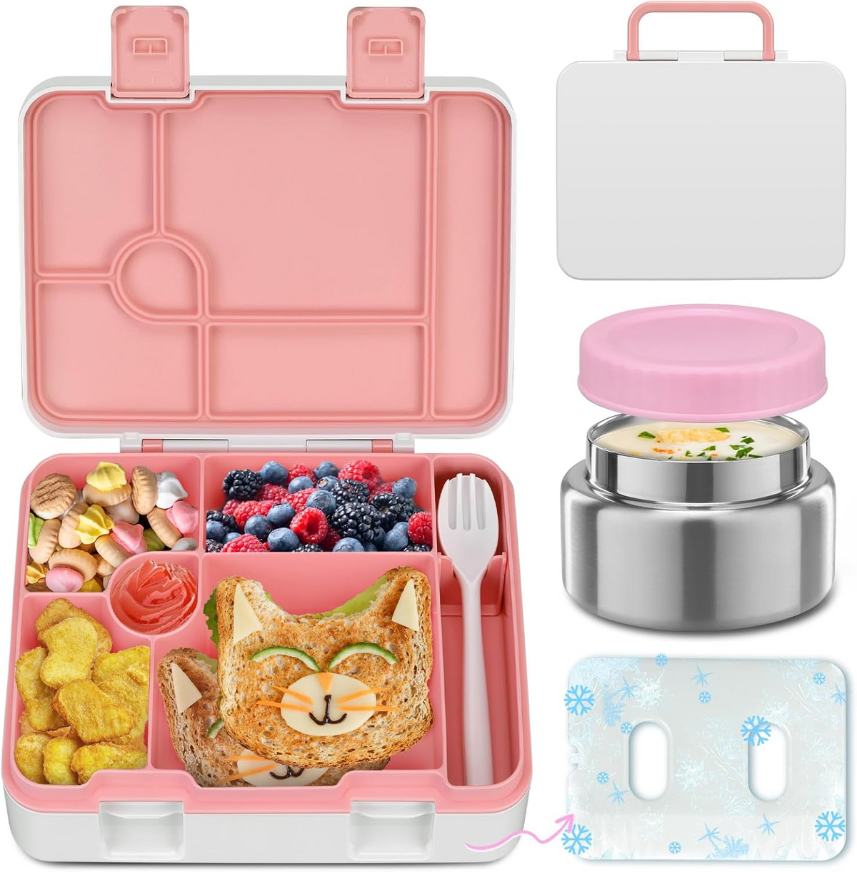 Kids Bento Lunch Box Set – 5 Compartment Leak-Proof Food Container with 12oz Soup Thermos & Insulated School Lunch Bag