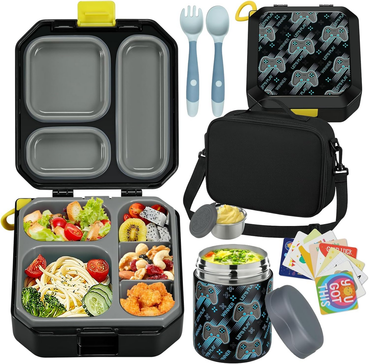 Kids Bento Lunch Box Set – 5 Compartment Leak-Proof Food Container with 12oz Soup Thermos & Insulated School Lunch Bag