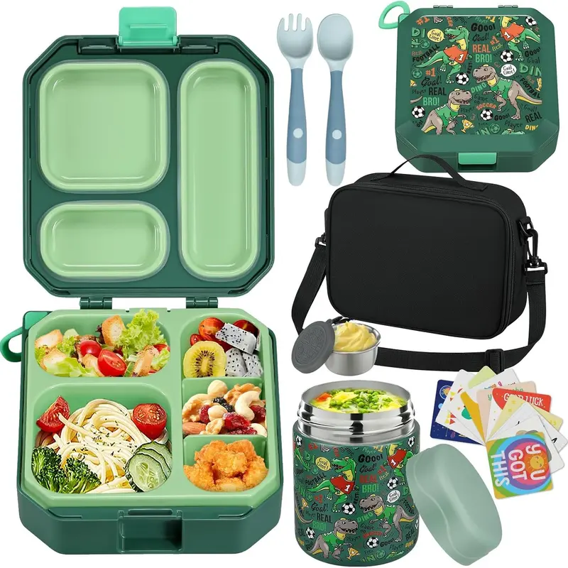 Kids Bento Lunch Box Set – 5 Compartment Leak-Proof Food Container with 12oz Soup Thermos & Insulated School Lunch Bag