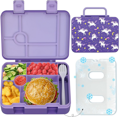 Kids Bento Lunch Box Set – 5 Compartment Leak-Proof Food Container with 12oz Soup Thermos & Insulated School Lunch Bag