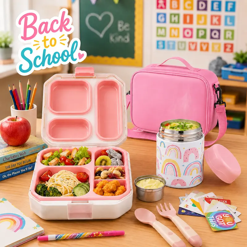 Kids Bento Lunch Box Set – 5 Compartment Leak-Proof Food Container with 12oz Soup Thermos & Insulated School Lunch Bag