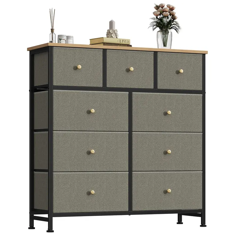9 Drawer Storage Tower with Fabric Bins, Sturdy Metal Frame Dresser Organizer for Bedroom, Closet, and Home