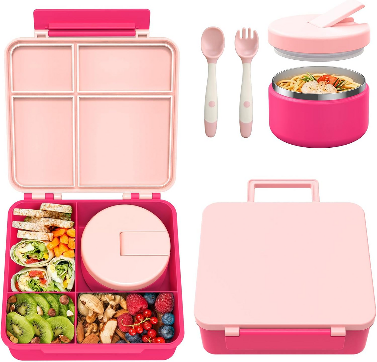 Kids Bento Lunch Box Set – 5 Compartment Leak-Proof Food Container with 12oz Soup Thermos & Insulated School Lunch Bag