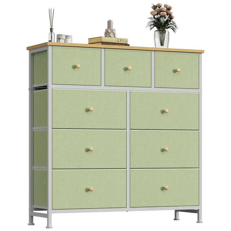 9 Drawer Storage Tower with Fabric Bins, Sturdy Metal Frame Dresser Organizer for Bedroom, Closet, and Home