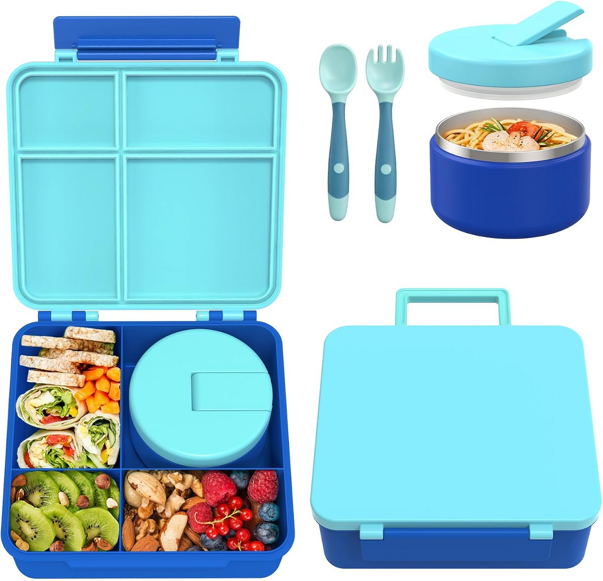Kids Bento Lunch Box Set – 5 Compartment Leak-Proof Food Container with 12oz Soup Thermos & Insulated School Lunch Bag