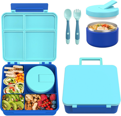Kids Bento Lunch Box Set – 5 Compartment Leak-Proof Food Container with 12oz Soup Thermos & Insulated School Lunch Bag
