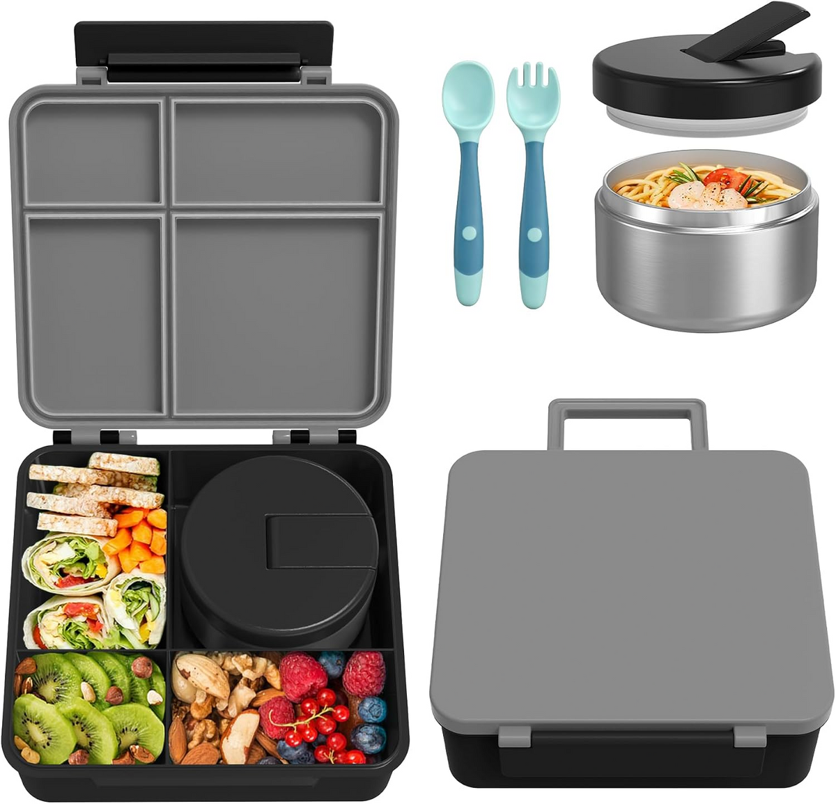 Kids Bento Lunch Box Set – 5 Compartment Leak-Proof Food Container with 12oz Soup Thermos & Insulated School Lunch Bag