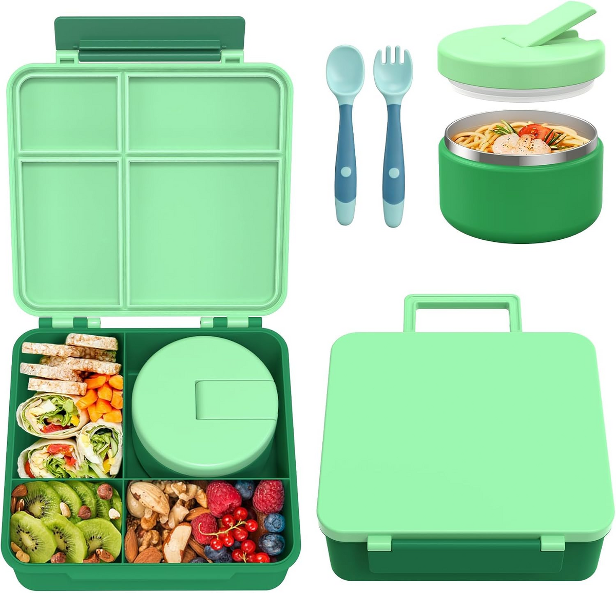 Kids Bento Lunch Box Set – 5 Compartment Leak-Proof Food Container with 12oz Soup Thermos & Insulated School Lunch Bag