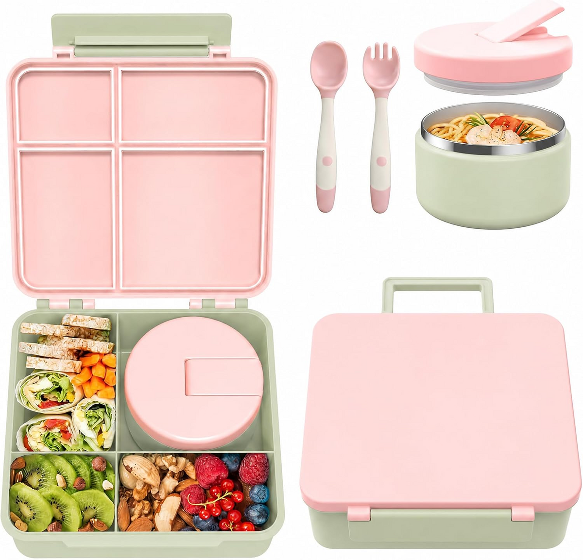 Kids Bento Lunch Box Set – 5 Compartment Leak-Proof Food Container with 12oz Soup Thermos & Insulated School Lunch Bag