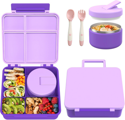 Kids Bento Lunch Box Set – 5 Compartment Leak-Proof Food Container with 12oz Soup Thermos & Insulated School Lunch Bag