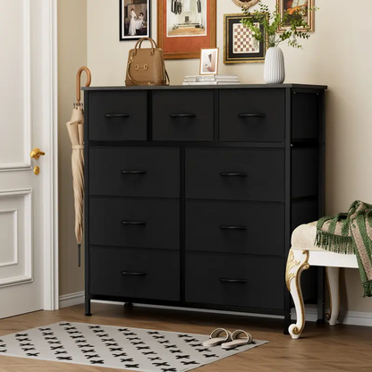 9 Drawer Storage Tower with Fabric Bins, Sturdy Metal Frame Dresser Organizer for Bedroom, Closet, and Home