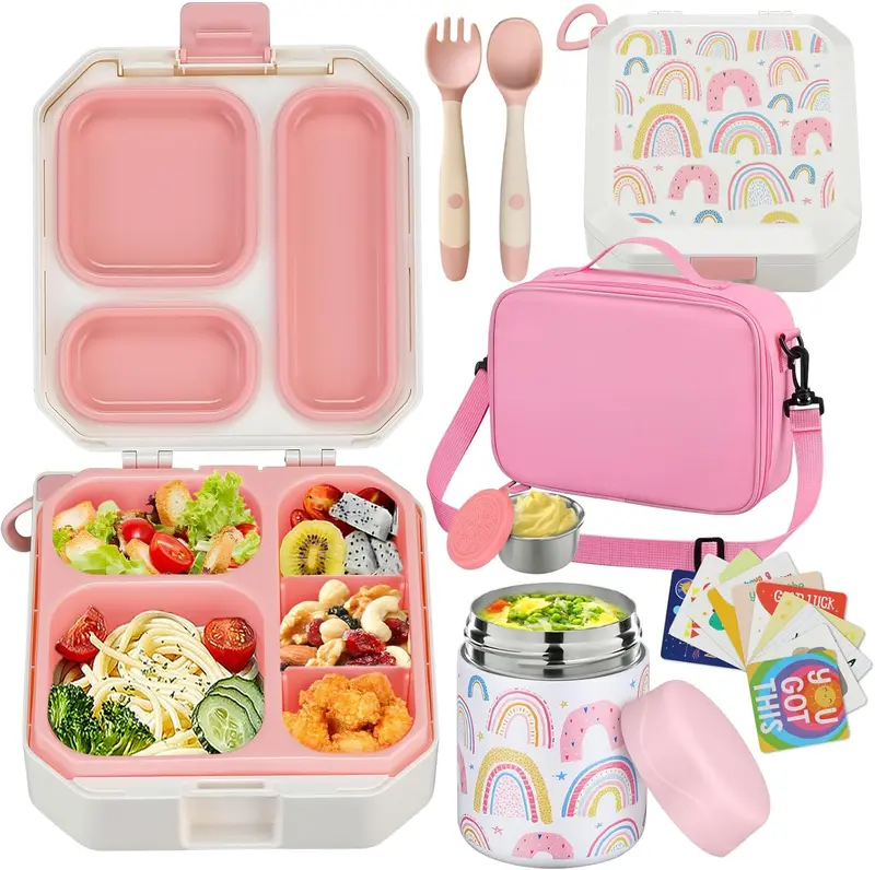 Kids Bento Lunch Box Set – 5 Compartment Leak-Proof Food Container with 12oz Soup Thermos & Insulated School Lunch Bag