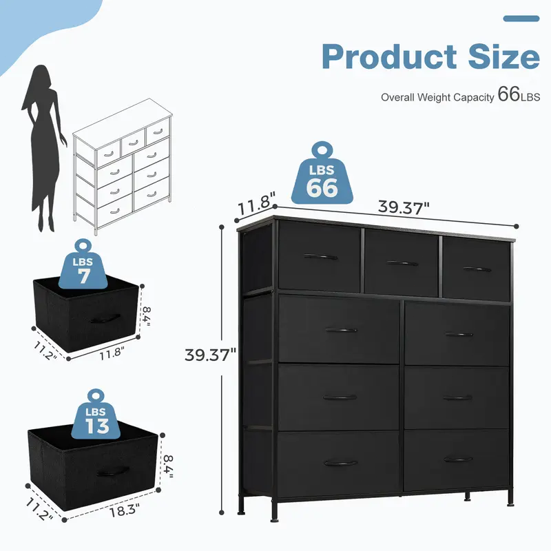 9 Drawer Storage Tower with Fabric Bins, Sturdy Metal Frame Dresser Organizer for Bedroom, Closet, and Home
