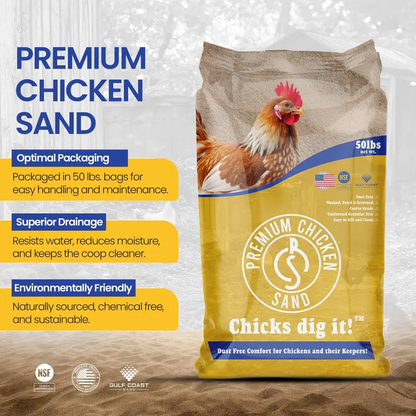 Chicken Coop Sand Bedding 50 Lb Bag – Natural Absorbent Poultry Bedding for Moisture & Odor Control, Comfortable Ground Cover, Easy Coop Cleaning & Long-Lasting Use