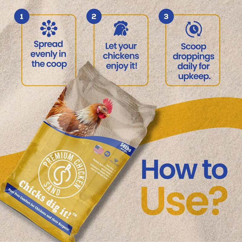 Chicken Coop Sand Bedding 50 Lb Bag – Natural Absorbent Poultry Bedding for Moisture & Odor Control, Comfortable Ground Cover, Easy Coop Cleaning & Long-Lasting Use
