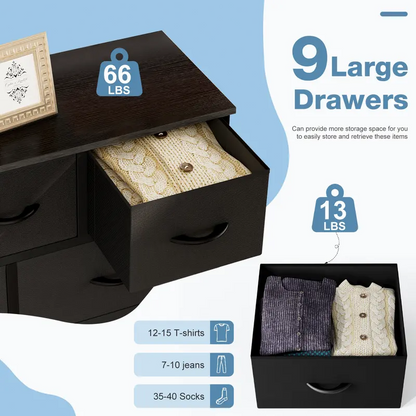 9 Drawer Storage Tower with Fabric Bins, Sturdy Metal Frame Dresser Organizer for Bedroom, Closet, and Home