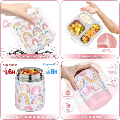 Kids Bento Lunch Box Set – 5 Compartment Leak-Proof Food Container with 12oz Soup Thermos & Insulated School Lunch Bag