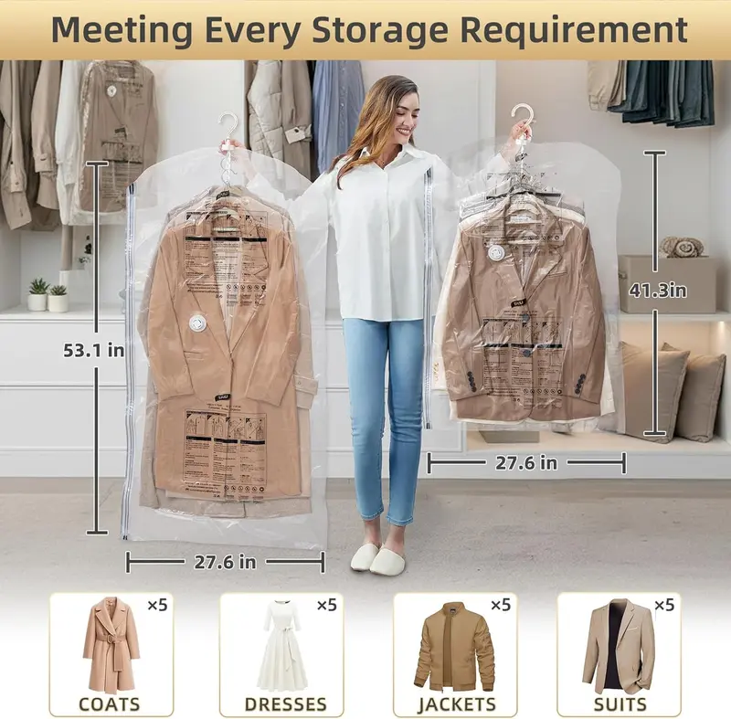 Clear Hanging Vacuum Storage Bags, Space Saving Clothing Organizer Bags for Closet, Suits, Jackets and Garments