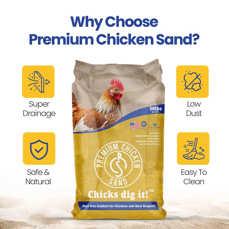 Chicken Coop Sand Bedding 50 Lb Bag – Natural Absorbent Poultry Bedding for Moisture & Odor Control, Comfortable Ground Cover, Easy Coop Cleaning & Long-Lasting Use