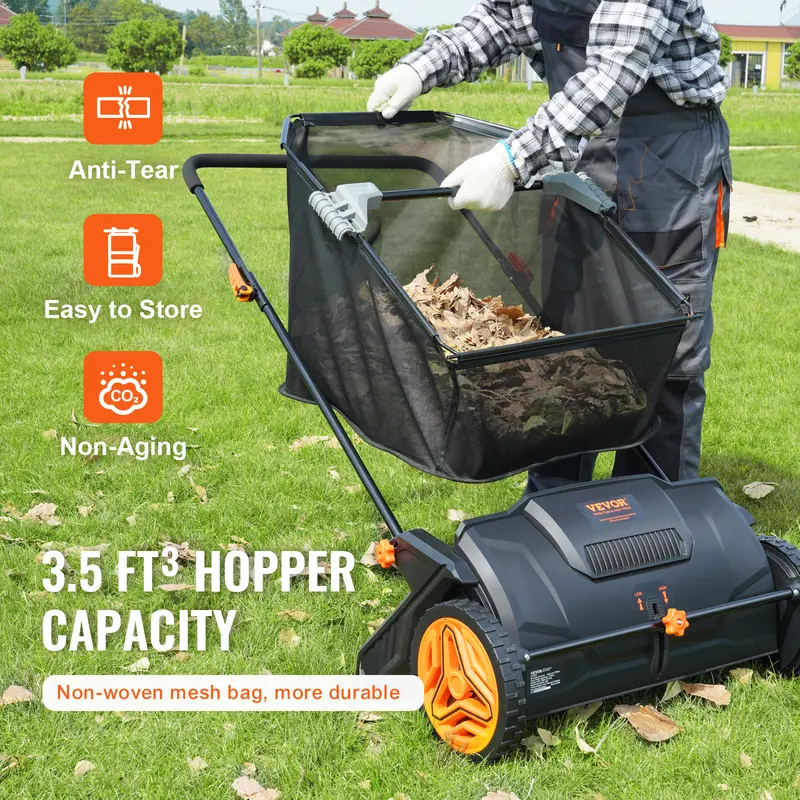 Heavy-Duty Lawn Sweeper with 4 Spinning Brushes, Rolling Leaf & Acorn Collector for Yard, Lawn & Driveway