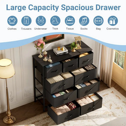 9 Drawer Storage Tower with Fabric Bins, Sturdy Metal Frame Dresser Organizer for Bedroom, Closet, and Home