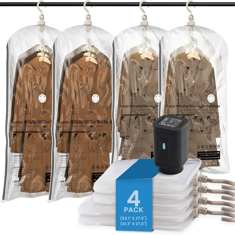Clear Hanging Vacuum Storage Bags, Space Saving Clothing Organizer Bags for Closet, Suits, Jackets and Garments