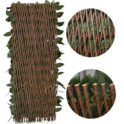 Expandable Artificial Ivy Privacy Fence Screen 22" x 120" with Willow Wood Lattice, Realistic UV Resistant Leaves, Retractable Garden Trellis Panel for Backyard Patio & Outdoor Decoration