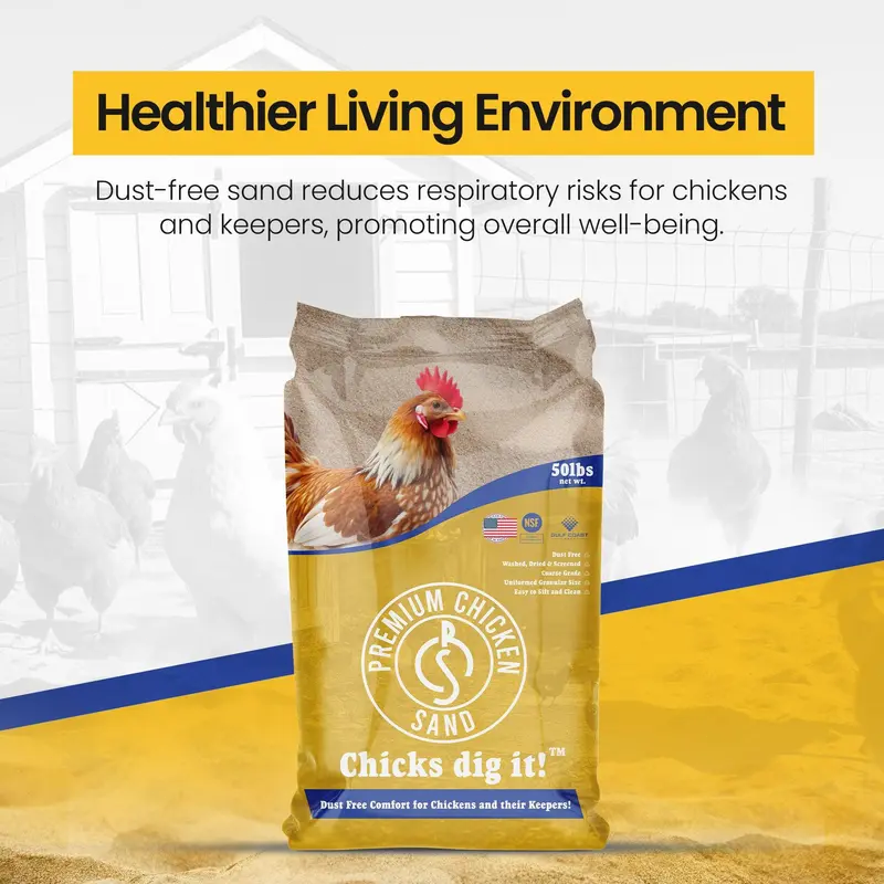 Chicken Coop Sand Bedding 50 Lb Bag – Natural Absorbent Poultry Bedding for Moisture & Odor Control, Comfortable Ground Cover, Easy Coop Cleaning & Long-Lasting Use